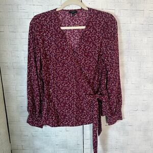 Talbots Women’s blouse wrap side tie floral burgundy fall feminine academia